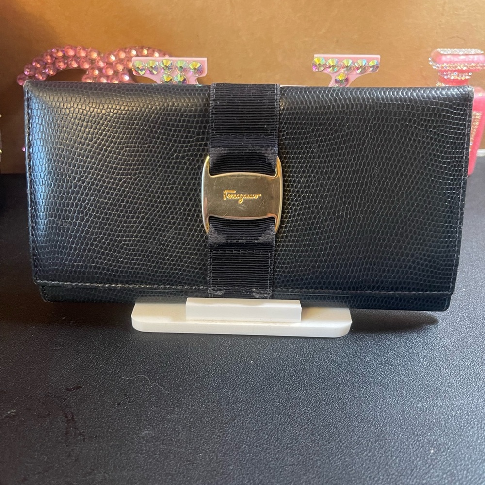 Salvatore Ferragamo Black Textured Wallet with Gold Accent